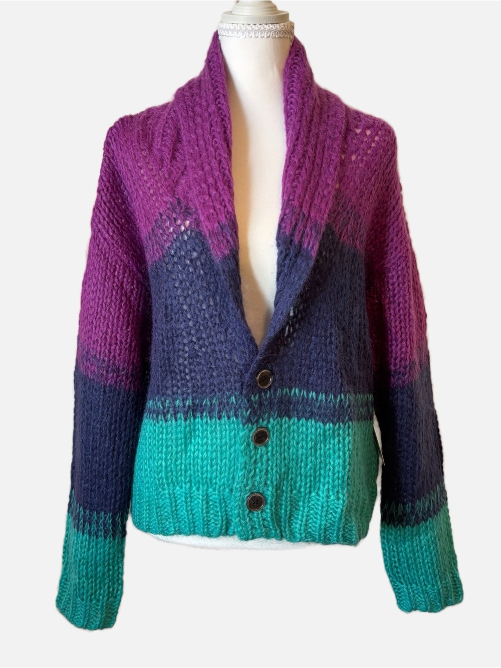 Spiritual Gangster Royce Cardigan NWT Small Purple Teal Navy Colorblock Sweater - Picture 2 of 11
